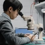 A focused technician repairing electronic components with a microscope in a lab.